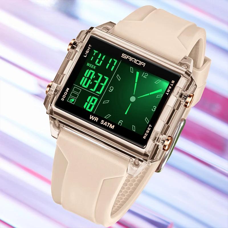 Students Electronic Watch Square Transparent Case Alarm Clock Multifunction Waterproof Sports Digital Watches for Man