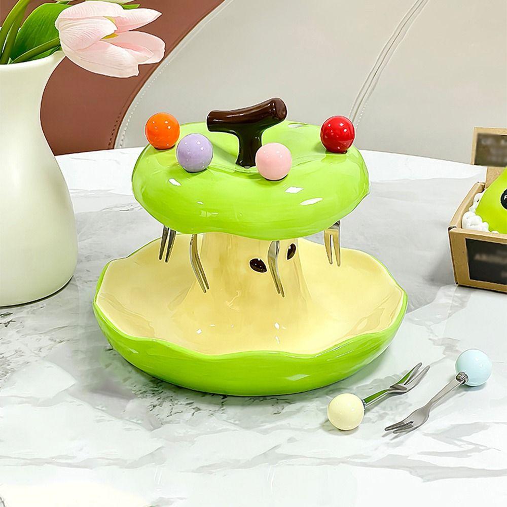 Creative Colorful Fruit Fork Plate Set Comfortable Grip Decorative Dessert Fork with Holder Household Ceramic Holder