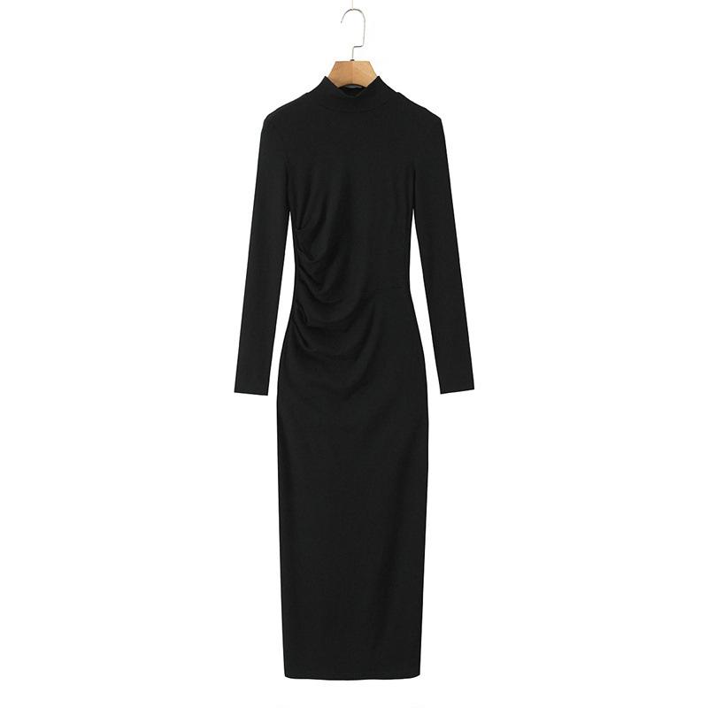 Elegant Women's High-Neck Pleated Long-Sleeve Dress: Autumn/Winter Inner Layer, Retro Yujie Style, Waist-Cinched, Hip-Hugging Long Skirt.