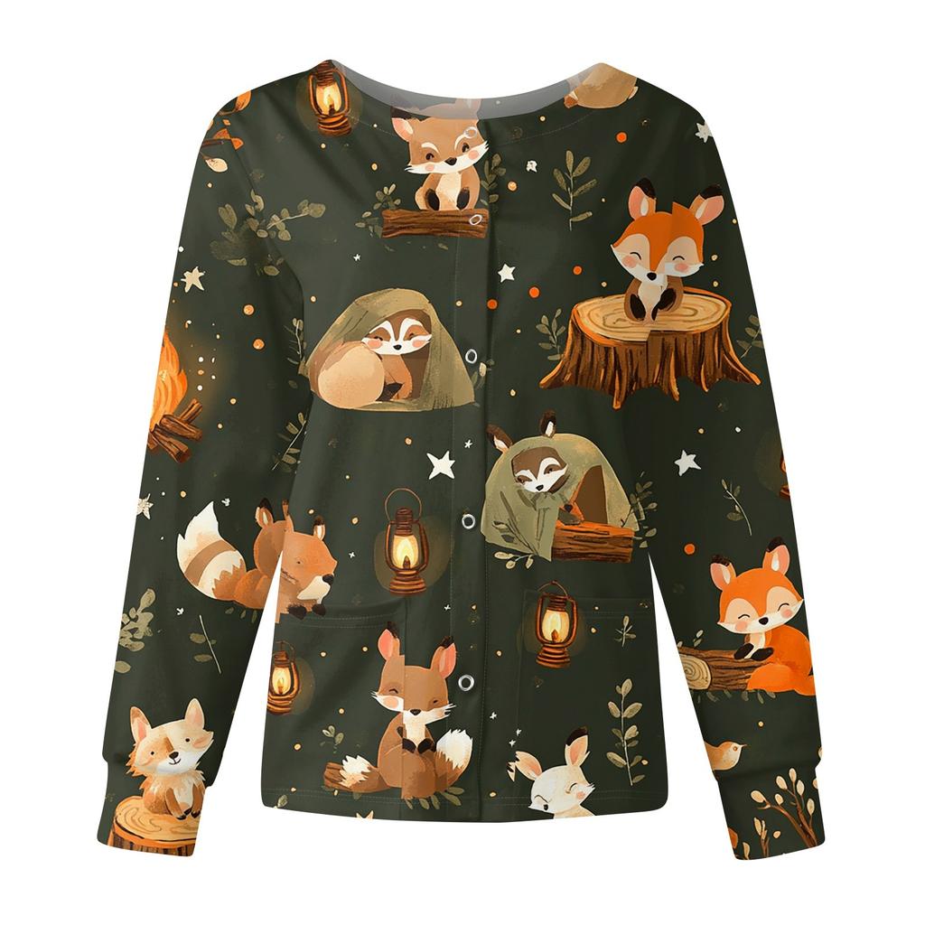Women's Casual Fashion Long Sleeve Standing Lapel Single Breasted Cute Animal Printed  Workwear Jacket Tops