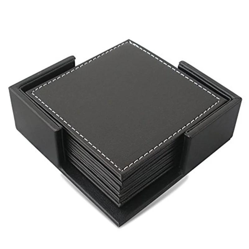 6pcs/set Fashion Desk Decor 4" Square Leather Tea/Coffee Cup Pad Small Coaster