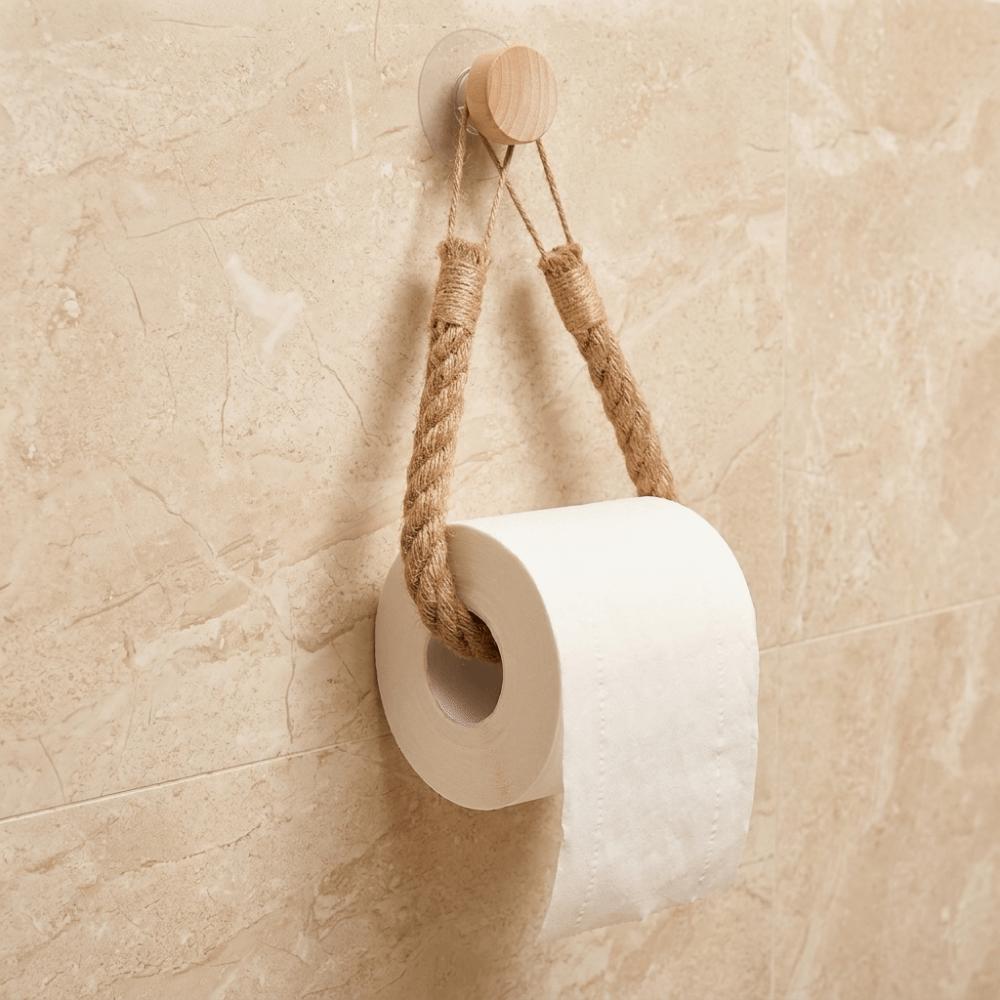 No-Drill Toilet Paper Wood Hook Hand-Woven Jute Rope Tissue Holder Bathroom