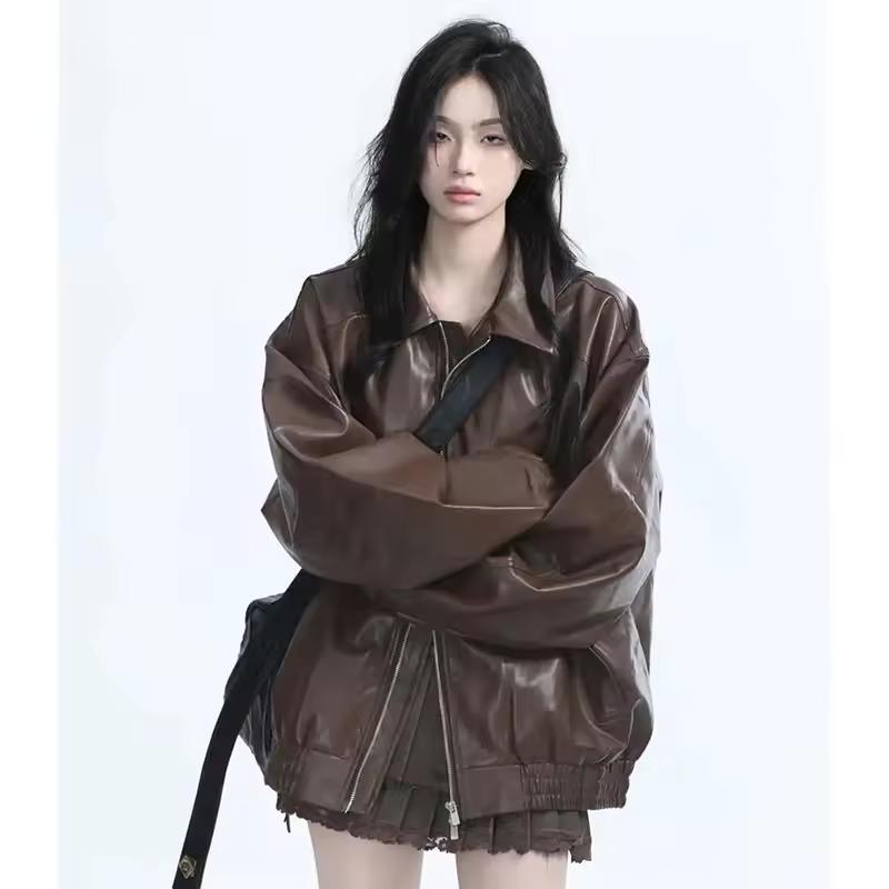 Ретро Жіноча куртка на блискавці зі штучної шкіри Весна Осінь Жіночий шкіряний плащ з довгими рукавами Жіночий PU шкіряний верхній одяг