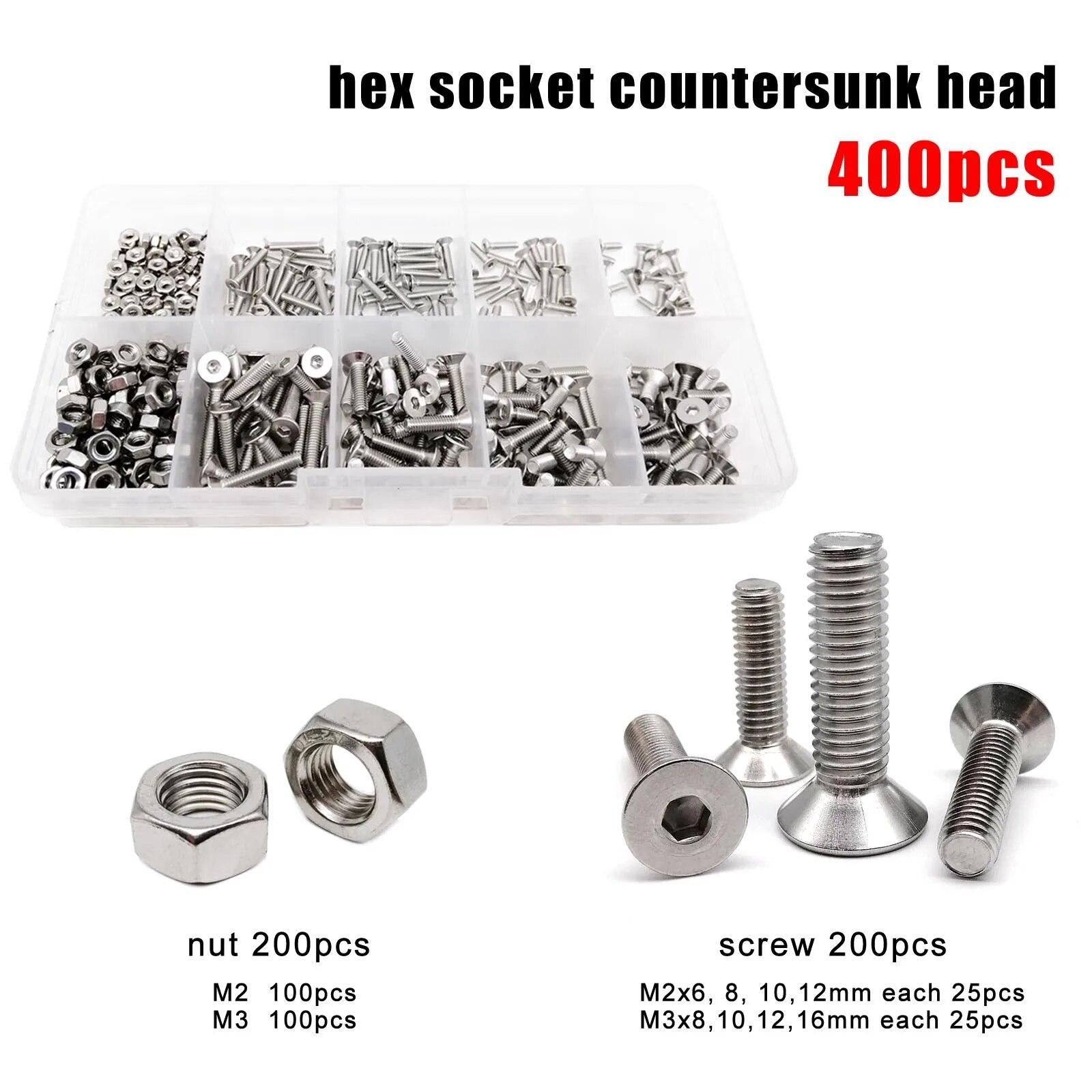 

400 шт. M2 M3 10 размеров шестигранный шестигранный торцевой ключ с плоской потайной головкой болт гайка набор наборов коробка 304 A2 нержавеющая сталь
