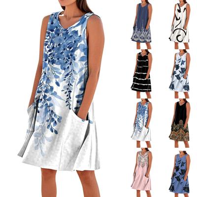 Summer Dresses For Women Loose Beach Vacation Casual Sleeveless V-neck  Sundresses With Pockets Tank Dress