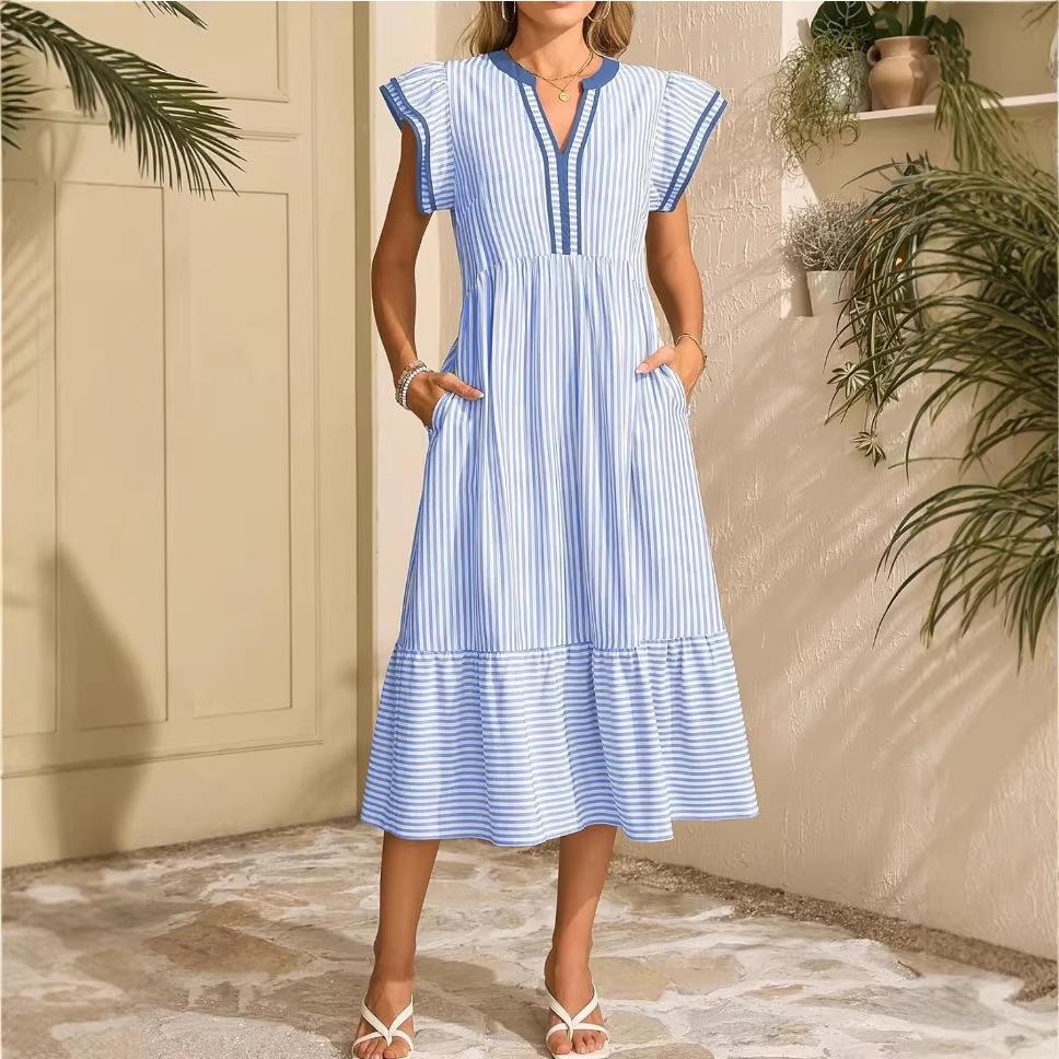 2026 European & American Fashion Women's Striped Double Ruffle Short Sleeve Color Block V-neck Skirt