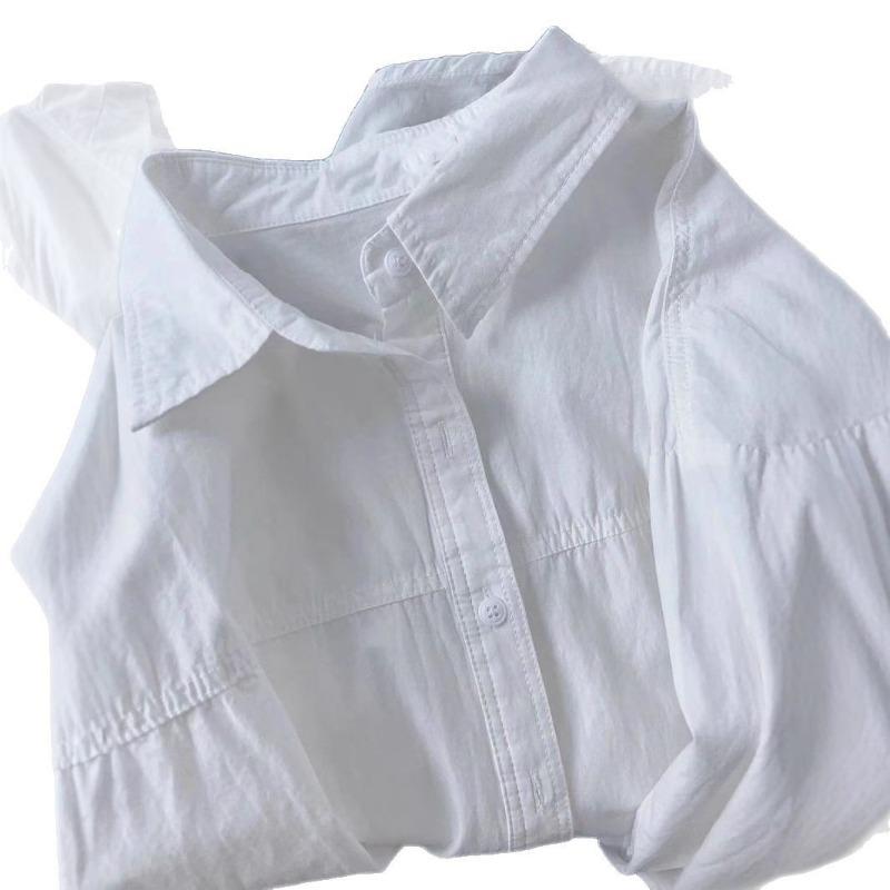 New Cotton Shirt Women Large Size Long Sleeved Loose Long Shirts Jacket Lapel Sweet Office Spring Autumn Blouse Simple Casual Tops Basic Clothing
