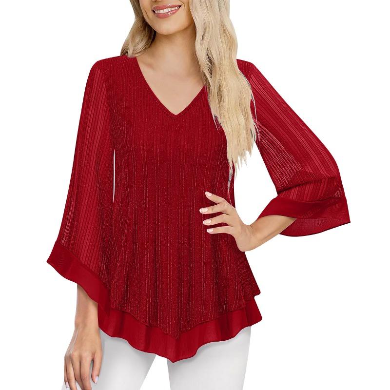 BITCED Bluse e Camicie Casual da Donna a Manica Lunga con Scollo a V e Stampa Monocolore