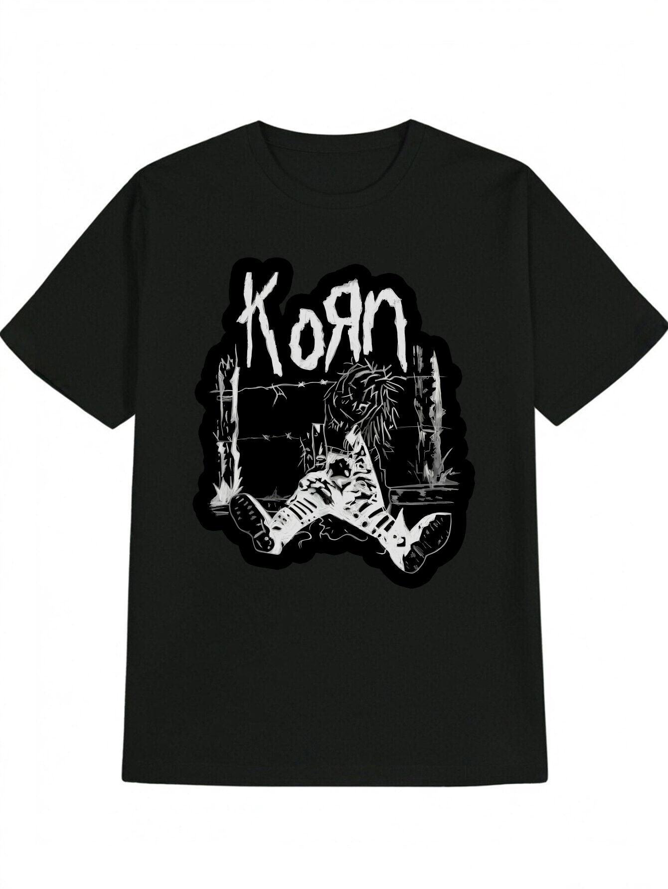 KORN Band Graphic Print Casual T-shirt - Black Round Neck Summer Tee with Edgy Artwork S