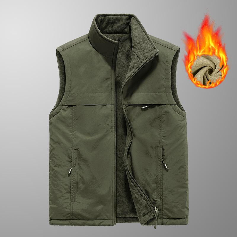 Autumn and Winter Middle-aged Men's Vest Velvet Dad Sleeveless Stand-up Collar Multi-pocket Quick-drying Vest Wearing Vest On Both Sides