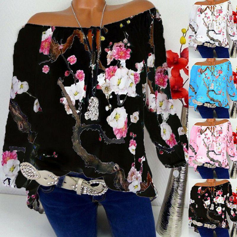 Off Women Shoulder Floral Tops Ladies Summer Loose T Shirt Blouse Plus Size
