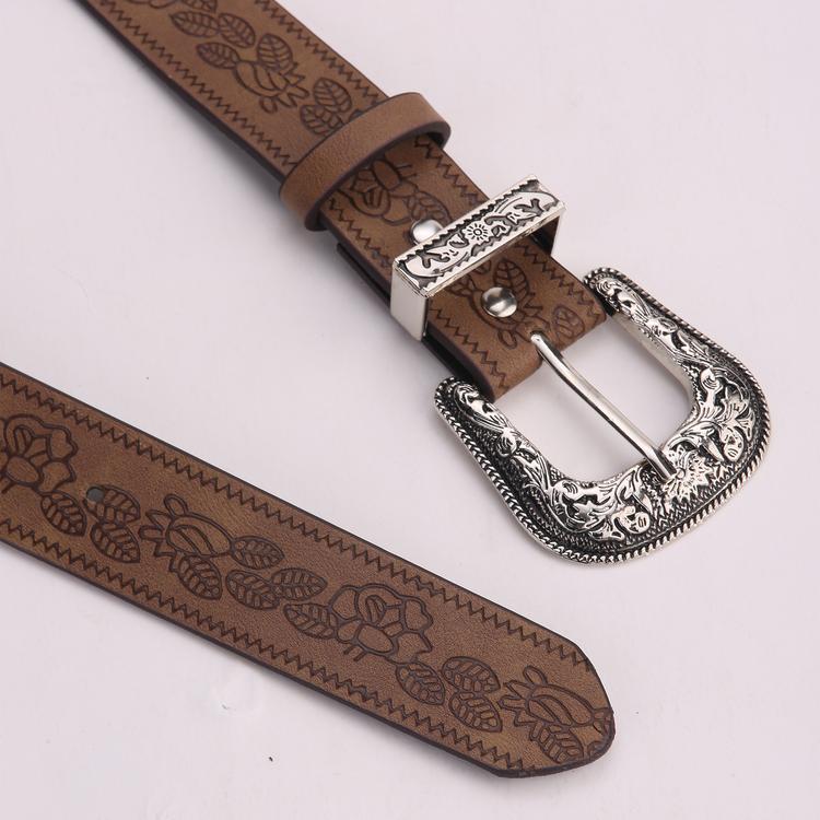 New Y2K Retro Women’s Wide Leather Belt with Petal Print and Carved Buckle
