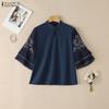 ZANZEA Women Casual Stand Collar Retro Embroidery Splice Half Sleeve Blouse