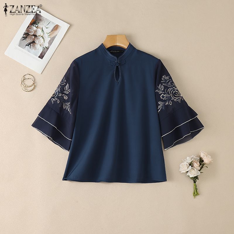 ZANZEA Women Casual Stand Collar Retro Embroidery Splice Half Sleeve Blouse