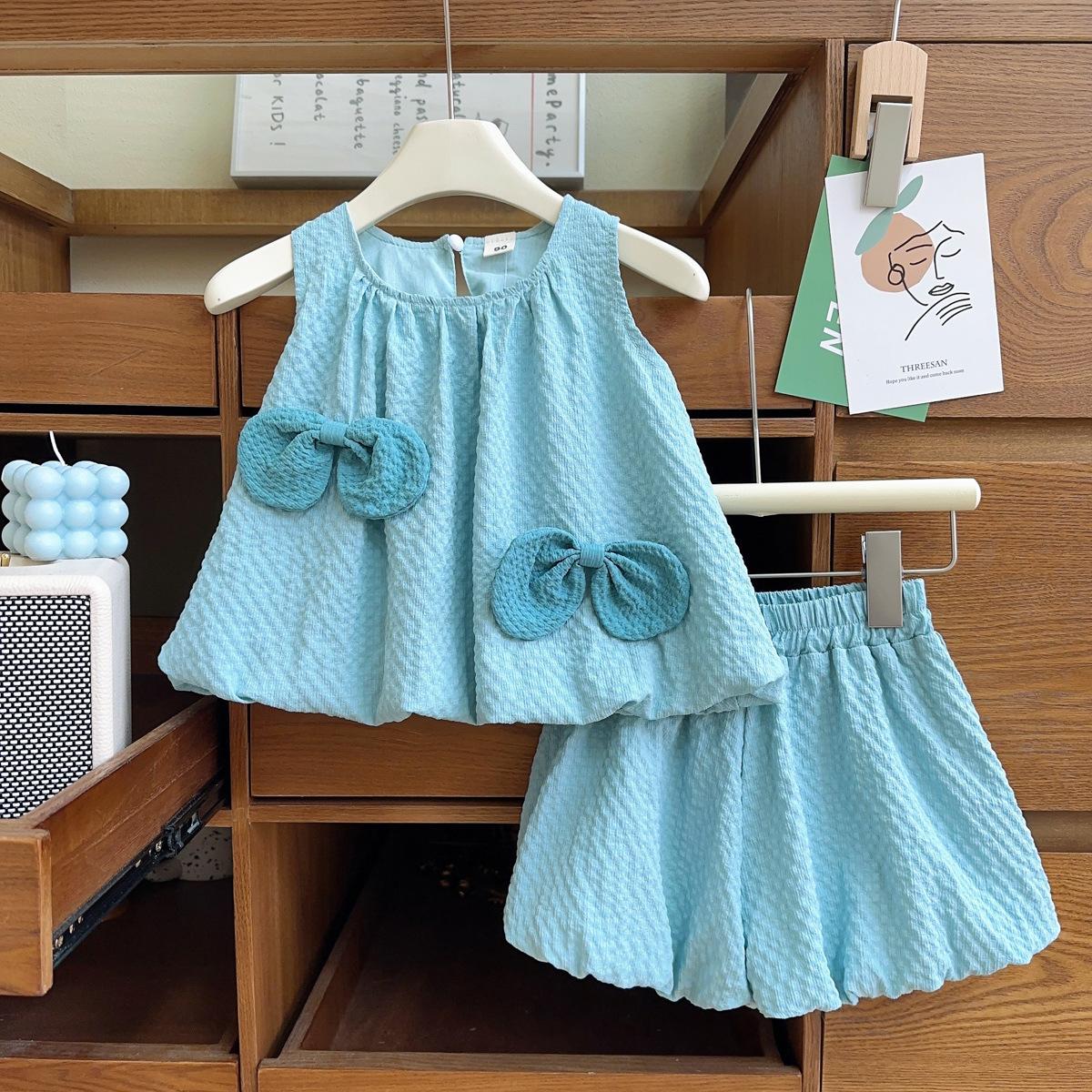 Girls Summer Princess Bow Tank Top And Bud Shorts Two Piece Set Cute Casual Outfit For Kids 90cm