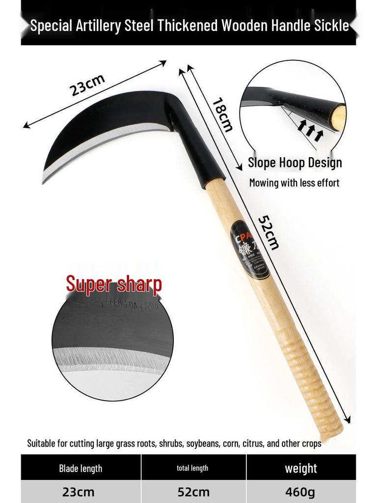 All-Steel Curved Manganese Sickle: Dual-Use Agricultural and Outdoor Weeding Tool