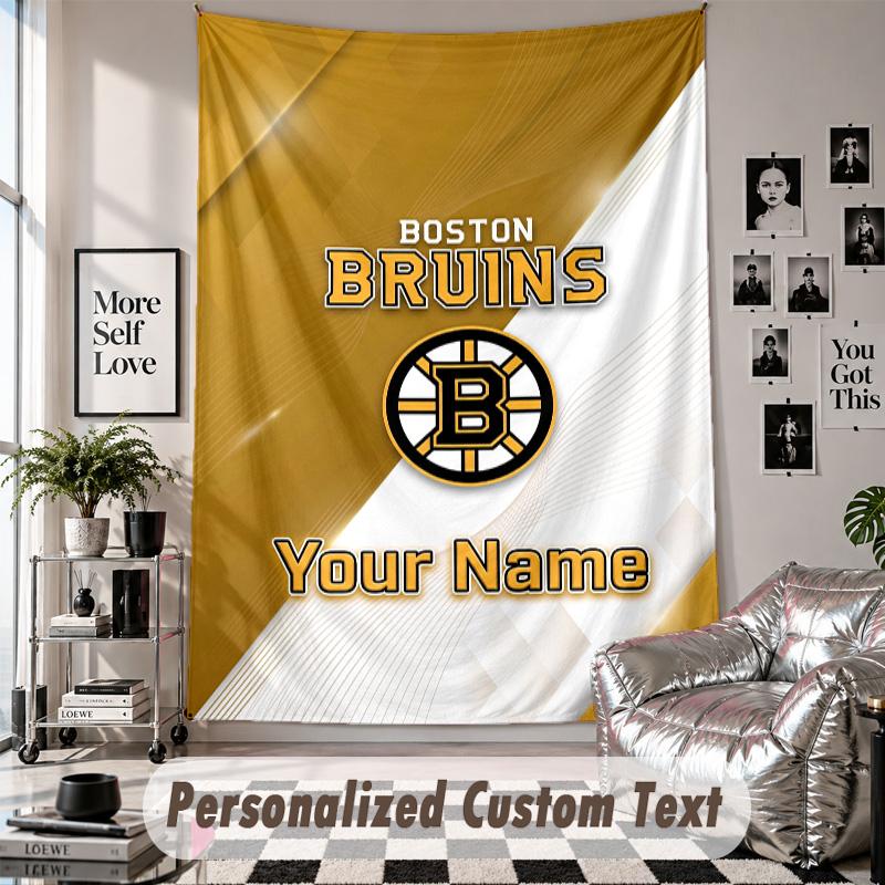 Wall Hanging Tapestry With Custom Name & Text, Boston Bruins Decorative Tapestry For Bedroom