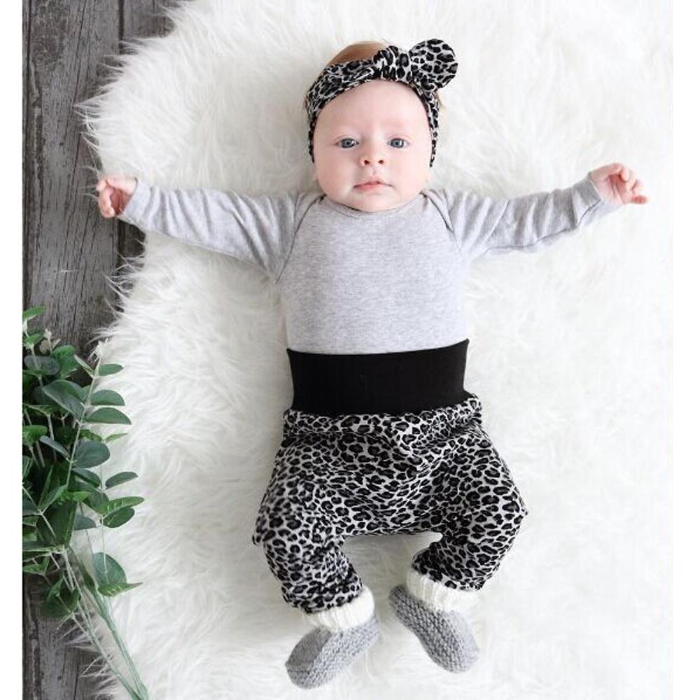 Baby Girls Long Sleeves Romper + Leopard Prints Pants + Headband 3PCS Outfits Clothes for 0-24 Months