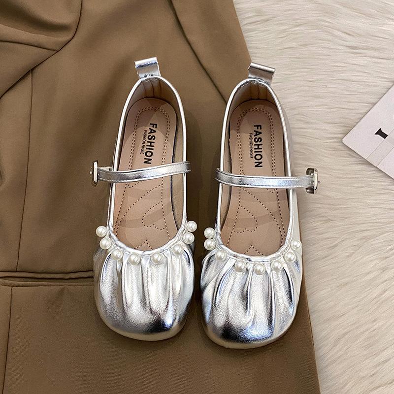 French Pearl Mary Jane Shoes Girl 2025 Spring New Fairy Evening Wind Large Size Soft Sole Ballet Grandma Shoes