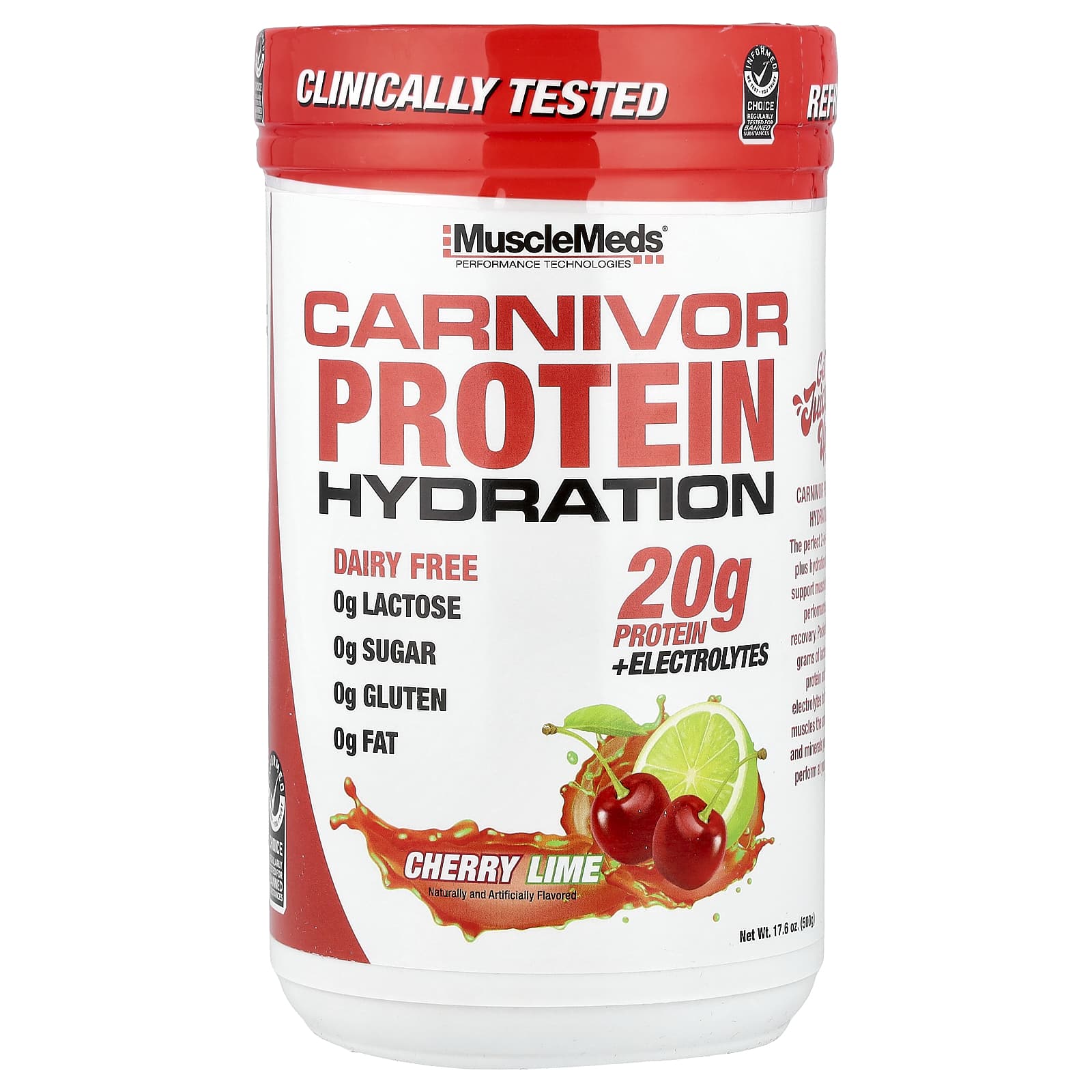 

MuscleMeds, Carnivor Protein Hydration, Cherry Lime, 500g (17.6oz)