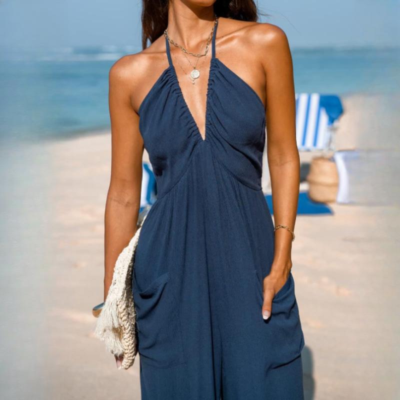 Women's Halter Neck Sleeveless Pleated Pockets, Lace-up Wide-leg Leggings On The Back, Long Jumpsuit
