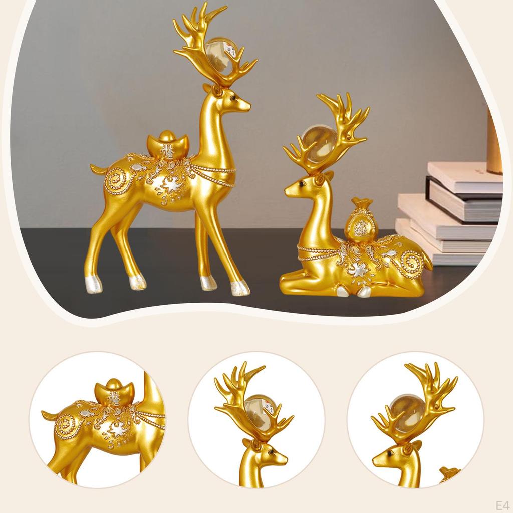2 Pieces Deer Figurines Desktop Decoration Home Decor Artwork Delicate Animal Sculpture Golden Resin