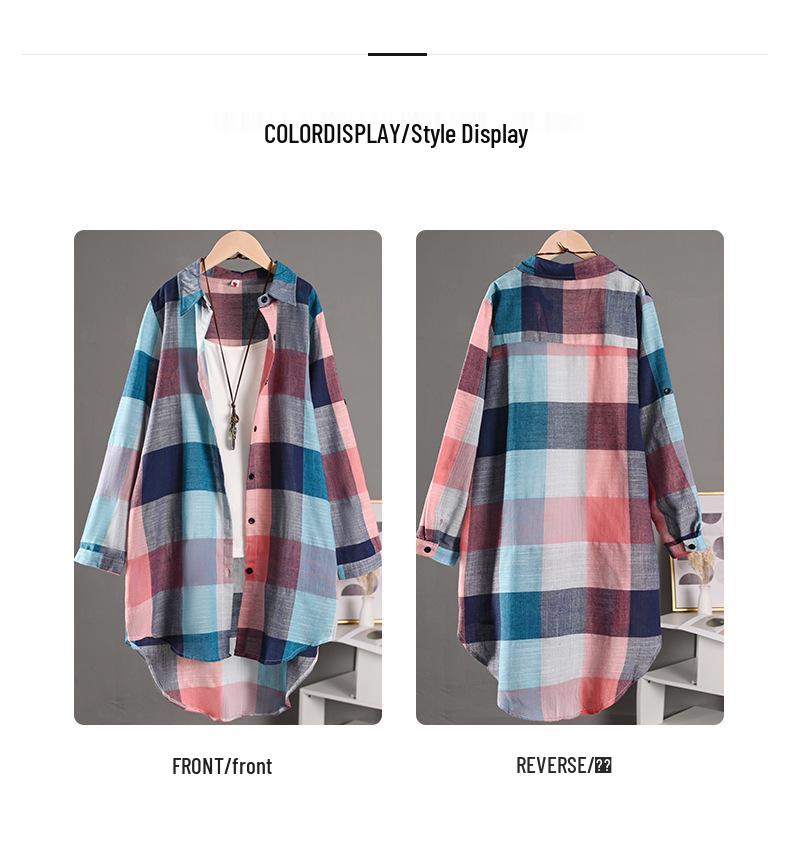 Women's Plaid Long Sleeve Sun Protection Shirt – Loose, Plus Size, Cotton Linen Jacket