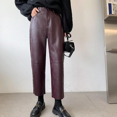 Women's Fall and Winter PU Leather High-waisted Draping Nine-minute Pants Leisure Straight Temperament Pants