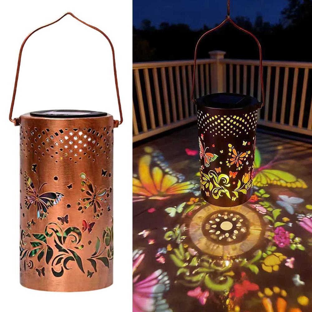 Solar Powered Hanging Lantern Retro Butterfly Projection LED Garden Light Auto On/Off Outdoor Decor Lamp for Patio/Yard/Tree