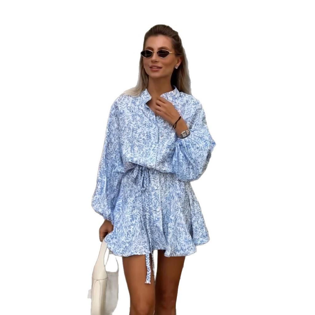 In Stock: Summer 2025 European & American Floral Tie-Up Slim Short Dress