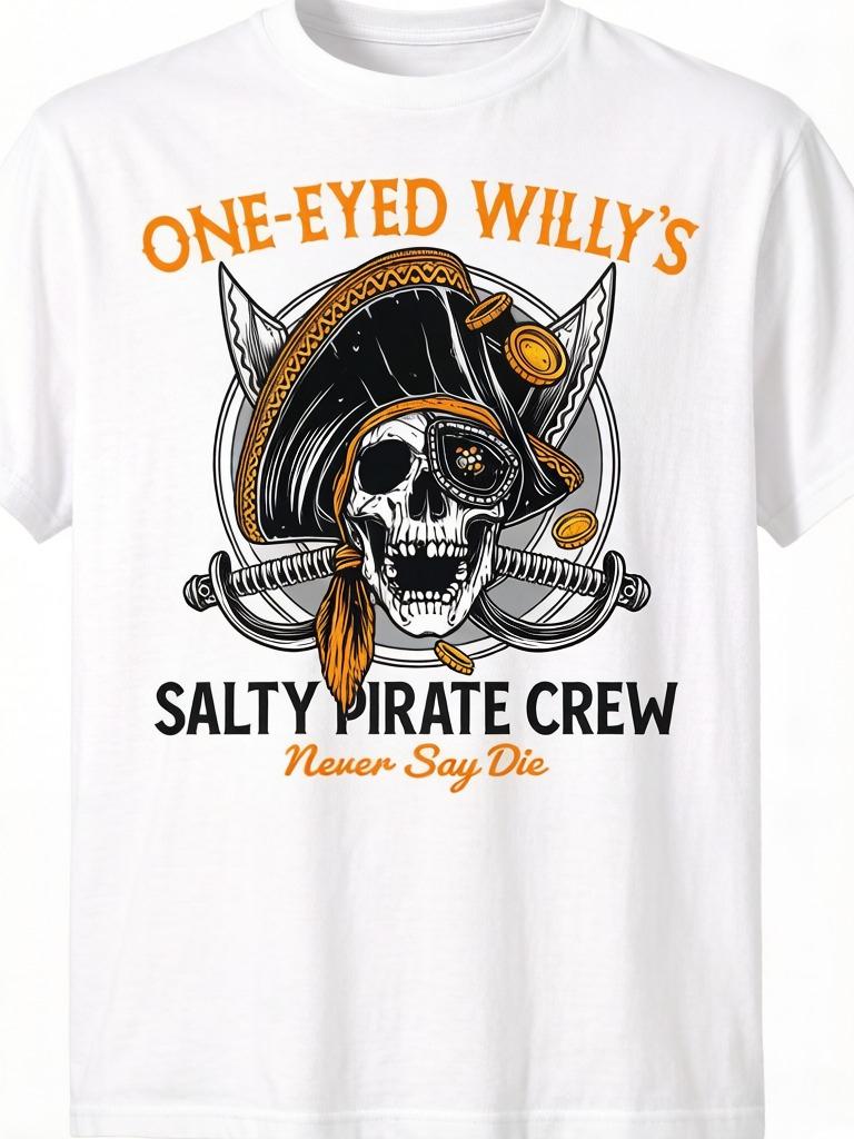UnisexS OneEyed WillyS Salty Pirate Crew Graphic TShirt Bold Never Say Die Design Black Casual Short Sleeve Pirate T Shirts 2XL