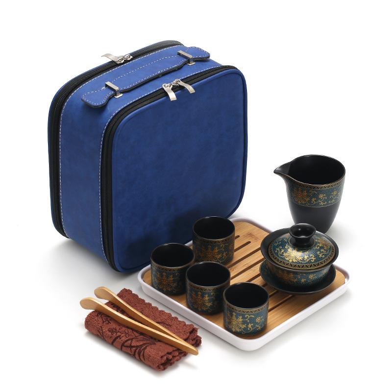 Pile flower gilt whole set Kung Fu tea set Portable travel tea set Business enterprise Company event gift set