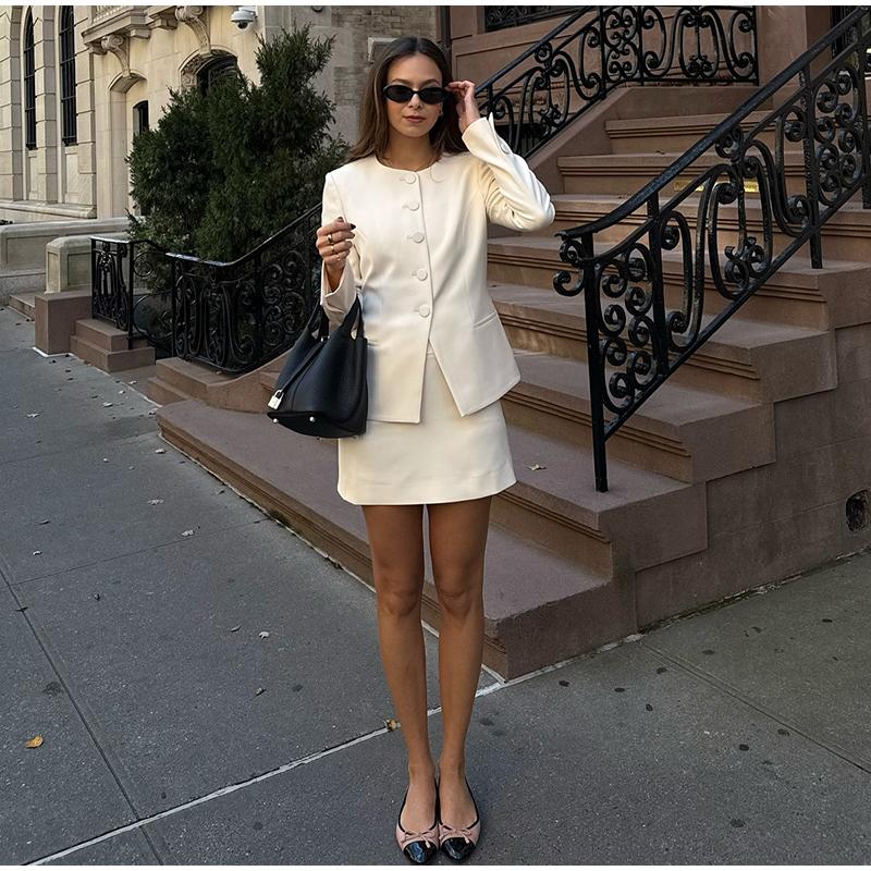 

Элегантный однобортный пиджак, женский однотонный пиджак с круглым вырезом и длинными рукавами, мини-юбка А-силуэта 2025 года, весна-осень, женские офисные наряды L белый
