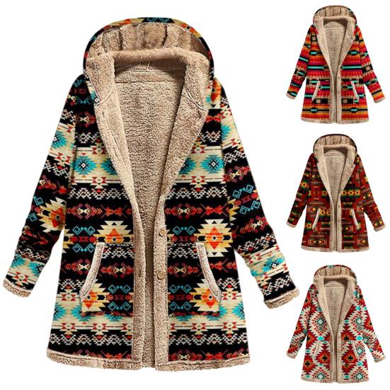 Women Coat Ethnic Style Single Breasted Autumn Winter Warm Hooded Jacket for Office