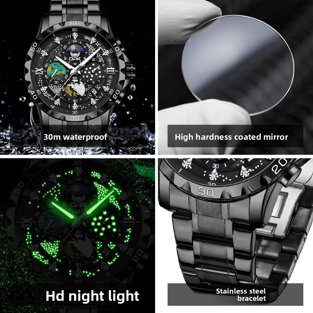 OPK Stainless Steel Waterproof Starry Sky Men's Watch Male Student Luminous Single Calendar Quartz Watch