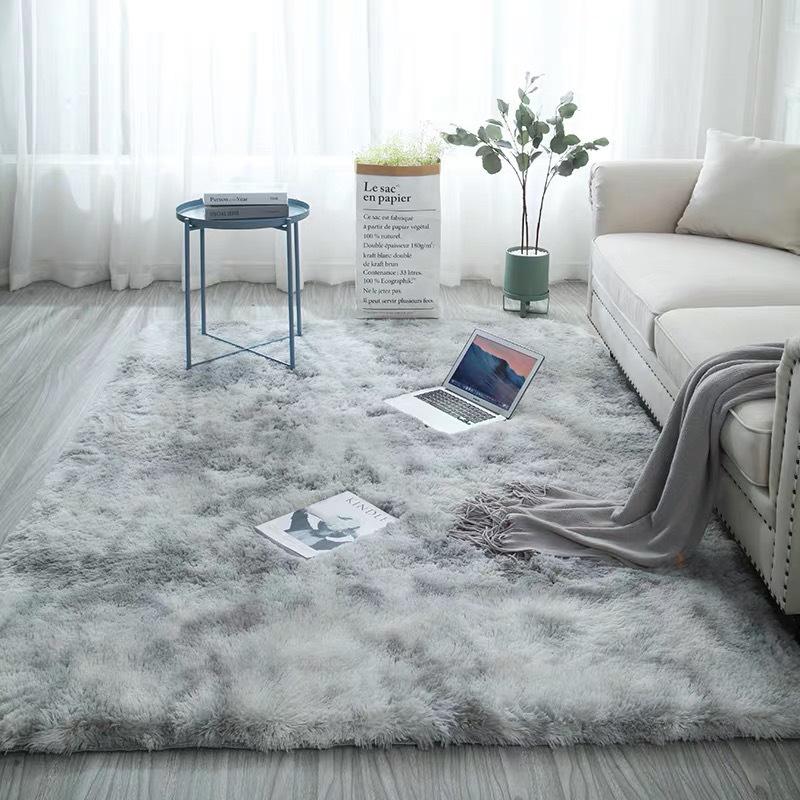 Silk and Wool Tie-Dye Plush Long-Pile Rug for Bedroom and Living Room