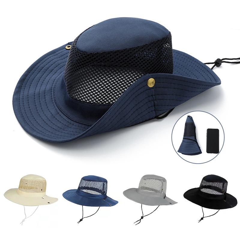 Wide Brim Mesh and Fabric Panama Style Bucket Hat for Outdoor Activities