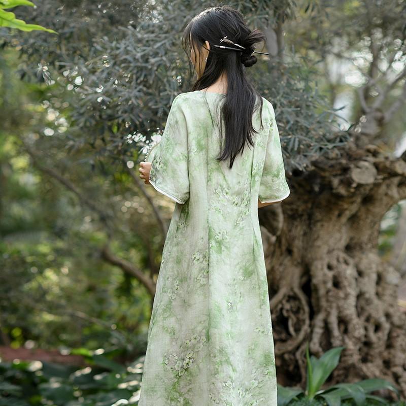 Johnature Women Chinese Style Dresses O-Neck Half Sleeve Print Floral Summer A-Line Dress