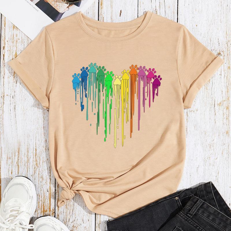 Summer Women's Printed Color Heart-shaped Loose Cotton Plus Size Round Neck Short Sleeved T-Shirts Women’s