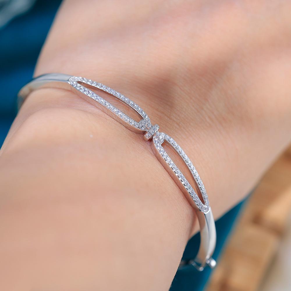 High-End S925 Silver Plain Bangle With Sparkling Zirconia Stylish Women Cuff Bracelet