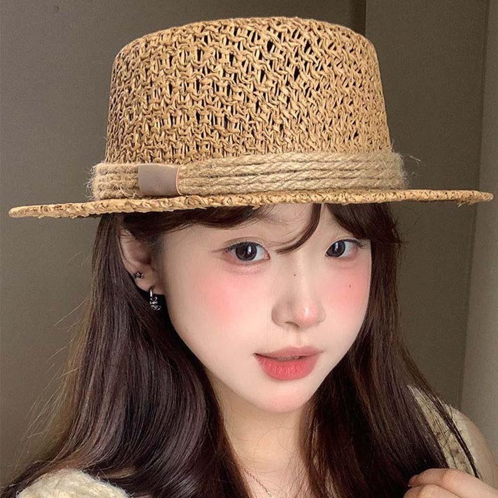 Lightweight Straw Boater Hat Breathable Mesh Flat Top Beach Hat Handwoven Sun Cap  Beach Vacation