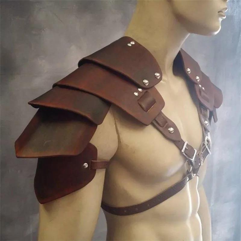 Mittelalterlicher Wikingerkrieger Schulterpanzer Gladiator Samurai Ritter Schulterplatten Gotisch Steampunk PU-Leder Gürtelpanzer Cosplay Kostüm