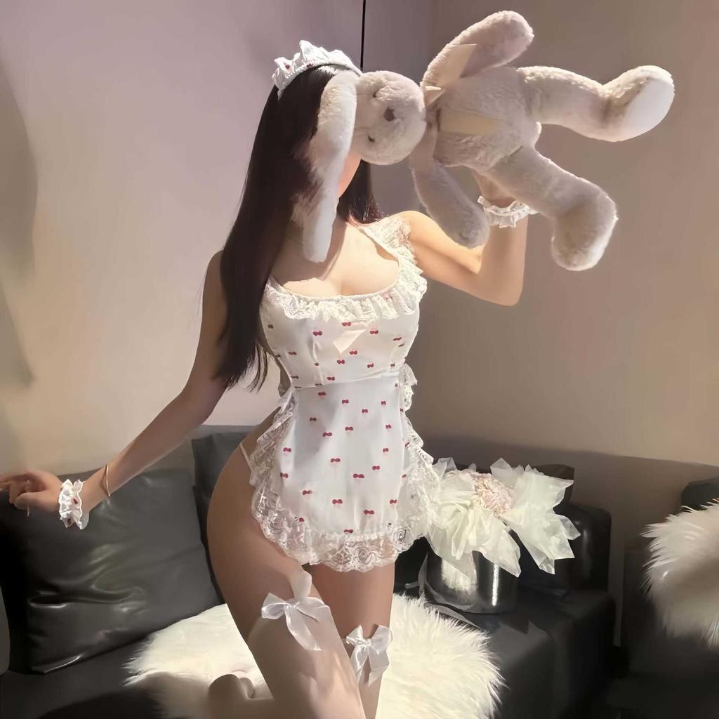 Large Size Sexy Lace Water Spirit Cherry Buttocks Apron Maid Wear Sexy Lingerie Naked Back Uniform Temptation