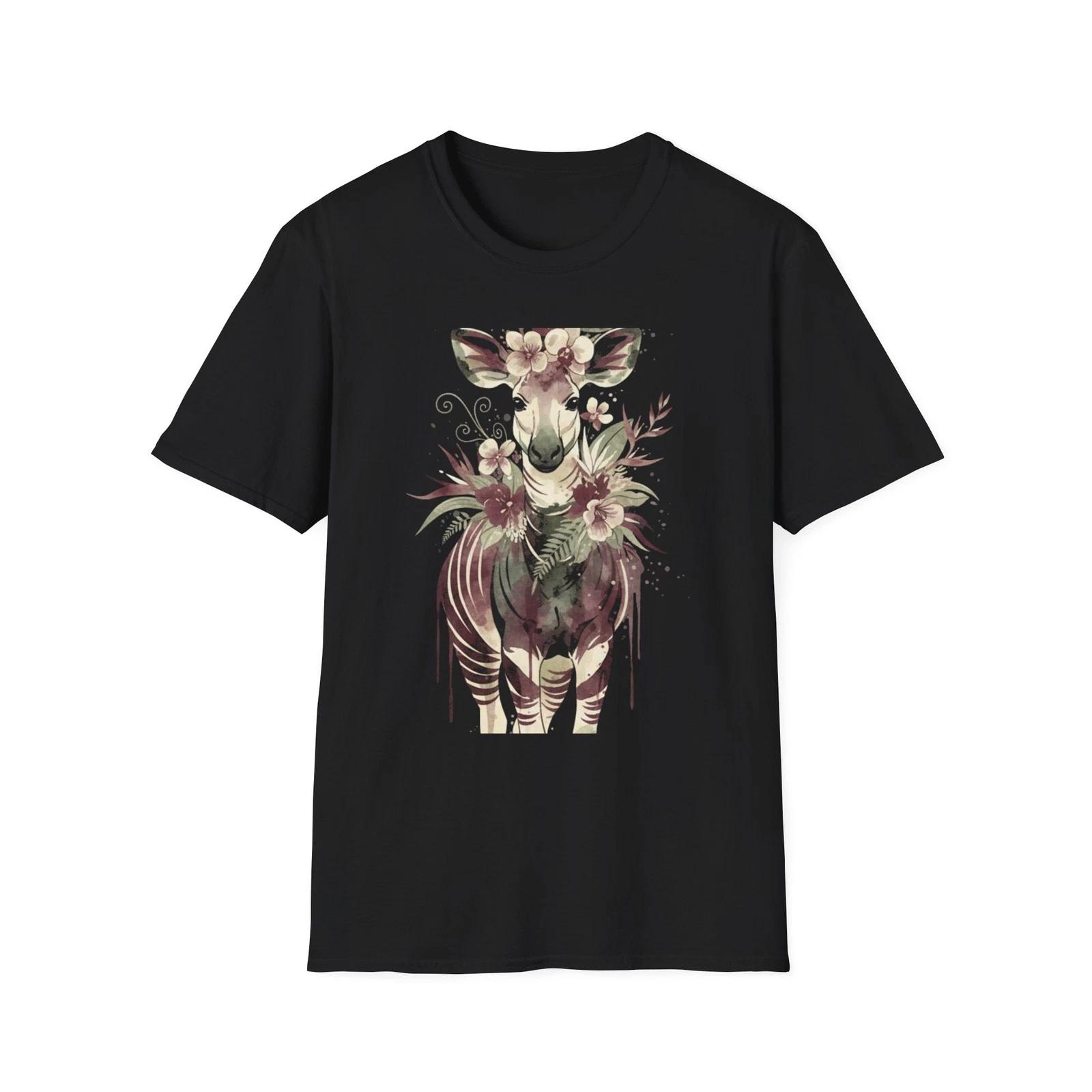 Okapi Floral Watercolor Boho Black T-Shirt Nature Aesthetic Print Tee L