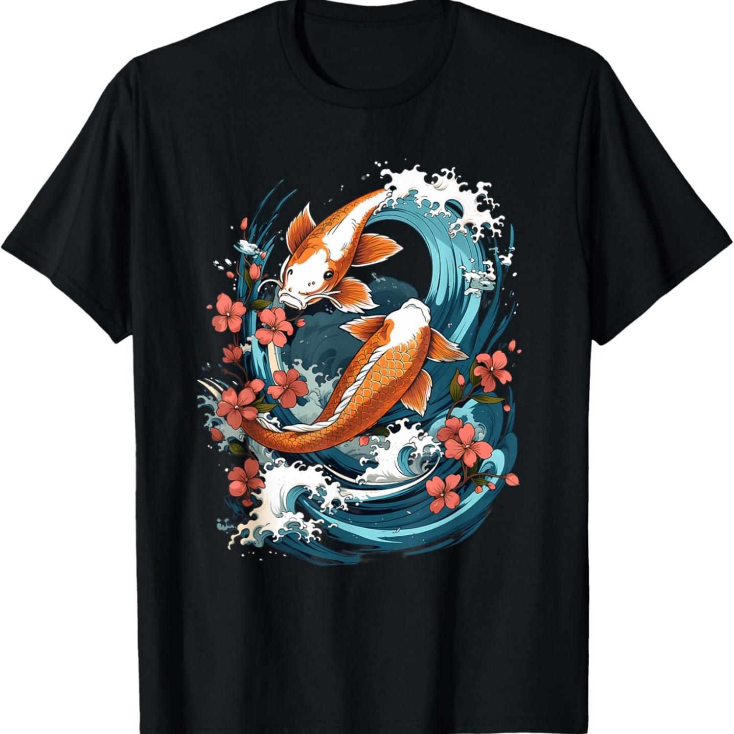 Koi Carp Ying Yang Nishikigoi Fish Cherry Blossom T-Shirt(76) S чёрный