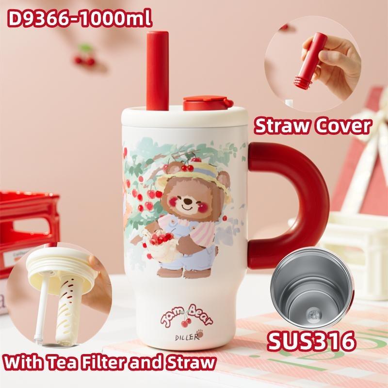

Cute Tumbler 316 Stainless Steel Thermos Bottle With Handle Straw Lids Thermal Mug Drinkware Hot and Cold Car Coffee Cup Thermos 1000ml
