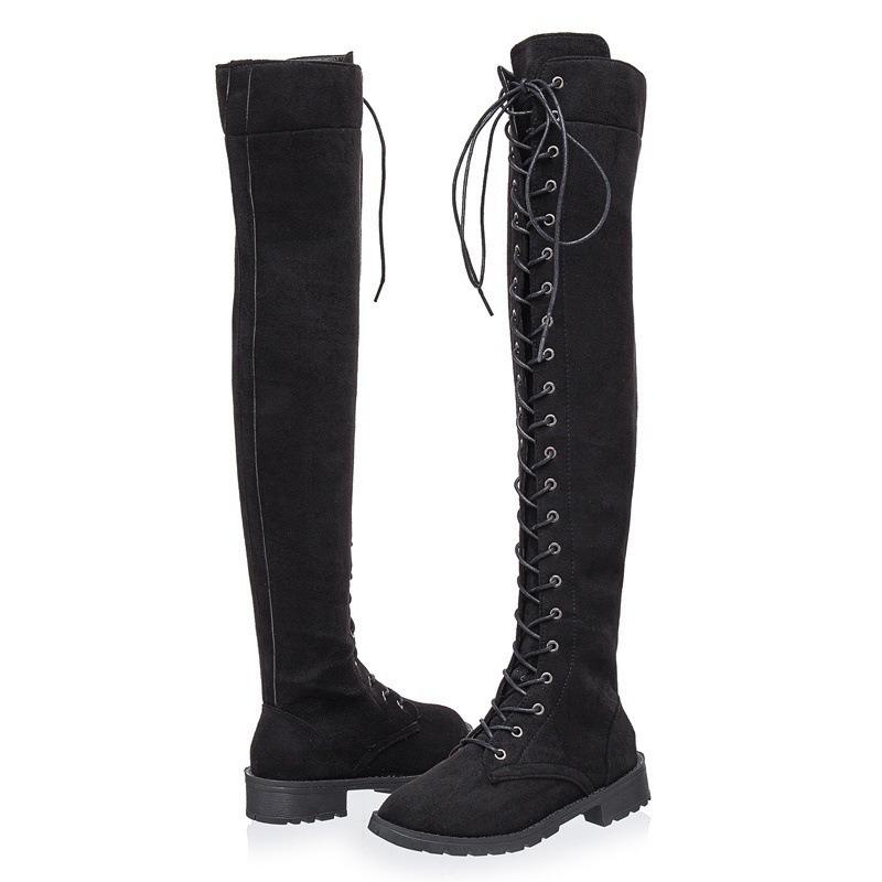 Women's Over-the-Knee Lace-Up Flat Boots, Plus Size Fall Winter Leather Boots, Ready-to-Ship Shoes
