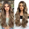 Women's Full Head Wig, Brown Gradient Middle Part Long Curly Synthetic Hair, Machine‑Made, Can Be Tied Into Bun