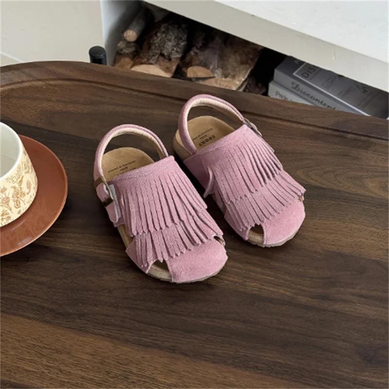 

Летние детские сандалии из натуральной кожи для девочек, с кисточками, с закрытым носком, детская обувь, нескользящие, модные, для малышей, детские пляжные сандалии 22(insole 14.5cm) розовый