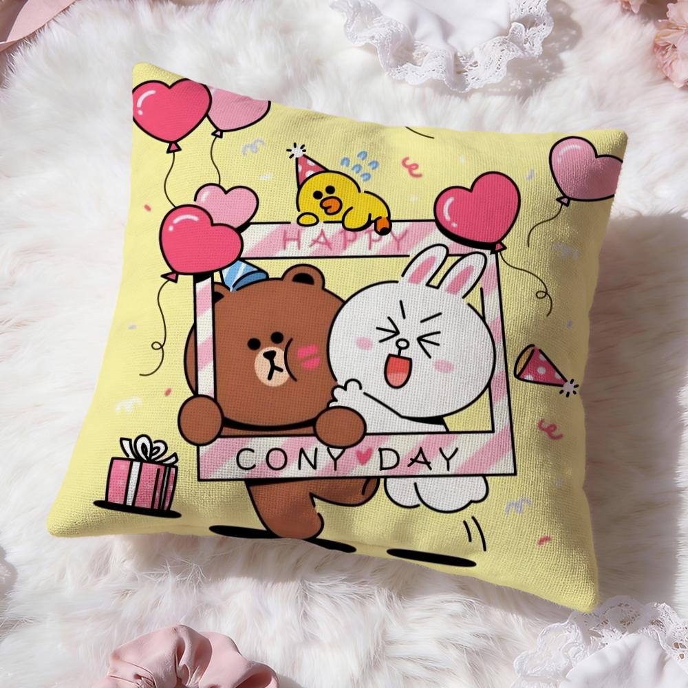 Line Town Bear and Cony Cushion Cover Premium Comfort Reversible Pillow Cove -Two in One Design for Any Room & Car Interior